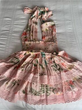 PQ Pink Floral Halter Mini Dress XS/S Tiered Ruffle Eyelet Beach Vacation